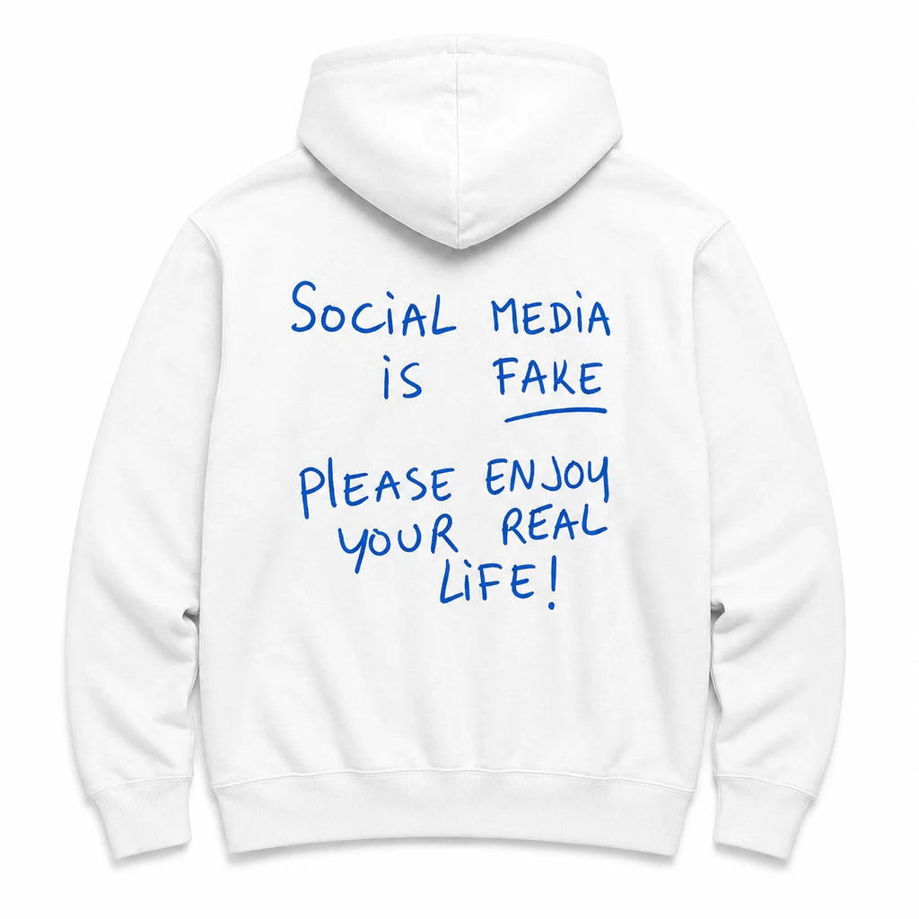 SOCIAL MEDIA IS FAKE - HOODIE — Biały — tył